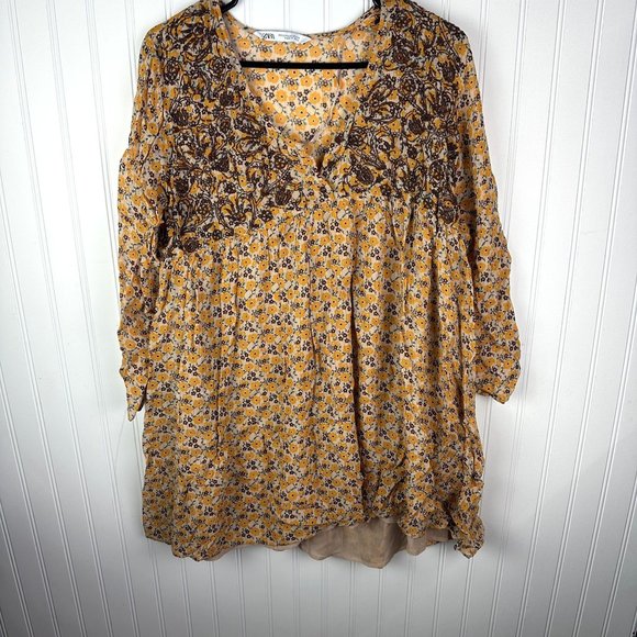 Zara Yellow Embroidered Dress boho retro print‎ size XS - Picture 1 of 5